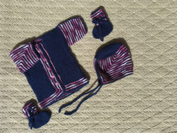 dark blue hand knit baby set with pink details