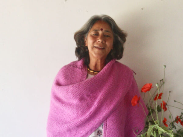 hand knit pink triangular shawl