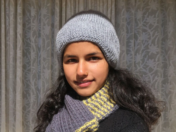 grey hand knit beanie with ear muffs