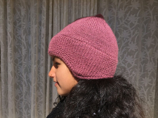 pink hand knit beanie with ear muffs