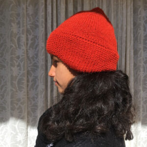 red hand knit beanie with ear muffs