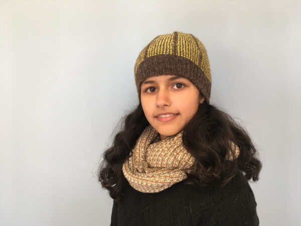 brown beanie with yellow dash pattern