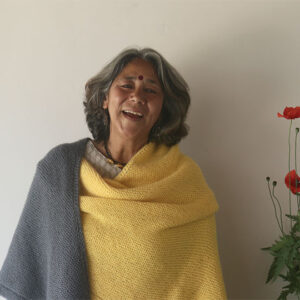 Yellow and Grey hand knitted triangular shawl