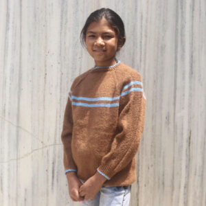 Camel brown hand knit kids' pullover with light blue dual stripes