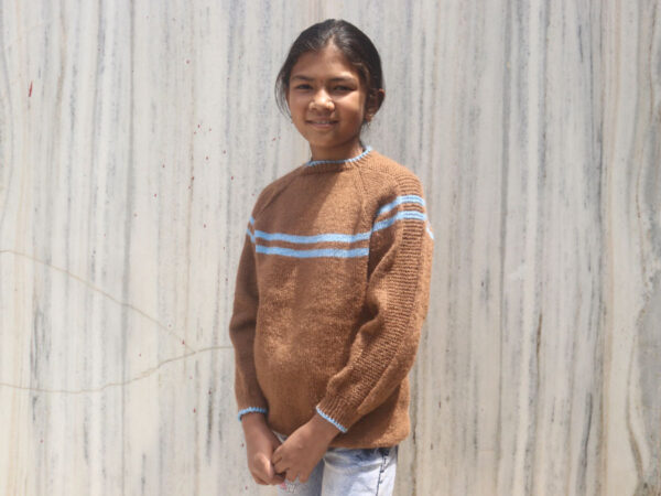 Camel brown hand knit kids' pullover with light blue dual stripes