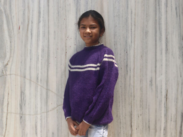 purple hand knit kids' pullover with grey dual stripes