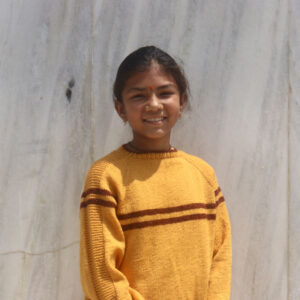 Warm yellow hand knit kids' pullover with maroon dual stripes