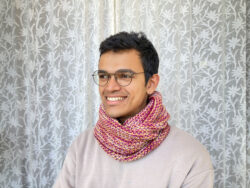 hand knit reversible cowl in shades of mauve with mustard yellow highlights