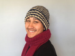 beige and dark blue hand knit striped ribbed beanie