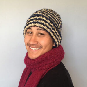 beige and dark blue hand knit striped ribbed beanie