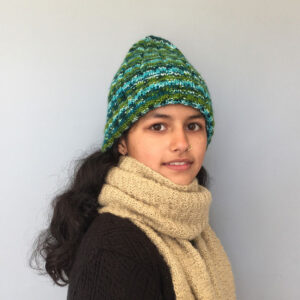 hand knit ribbed beanie in shades of forest green