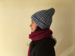 grey and light blue hand knit striped, ribbed beanie