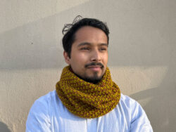 Limegreen and brown hand knit textured cowl