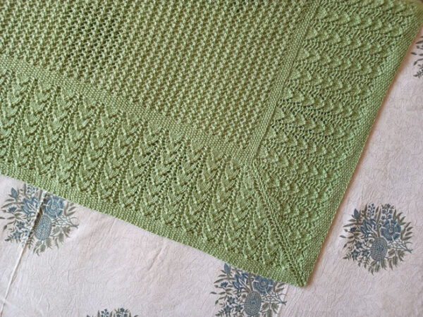 pista green hand knit bunny lace baby blanket